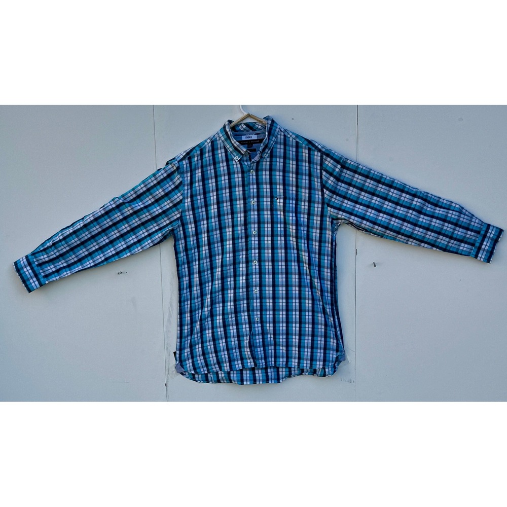 Tommy Hilfiger Mens Blue Plaid Button Down Shirt Classic Fit Cotton M 0959246